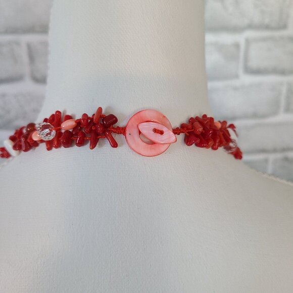 Red Coral Tassel Necklace Shell Glass Beads Hand Knotted - Picture 4 of 8